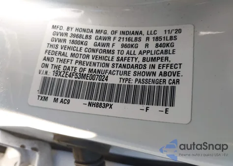 2021 Honda Insight Ex из США, поврежденный, VIN 19XZE4F53ME007024